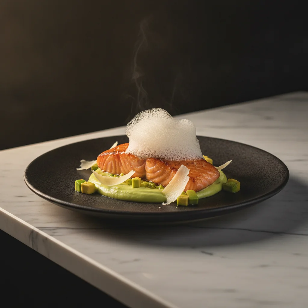 Aperol somon cu spumă de parmezan și cremă de avocado