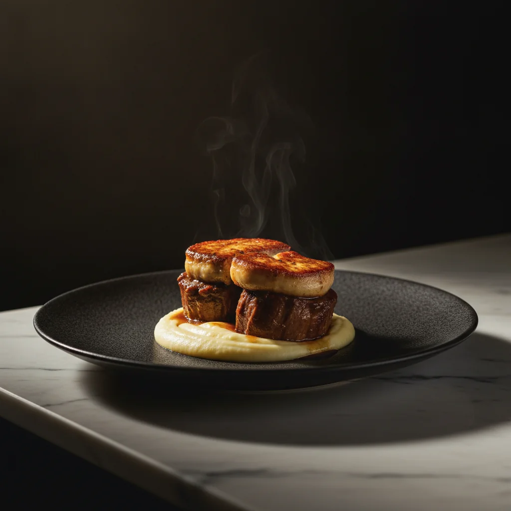 Obraji de vițel cu foie gras și piure de cartofi