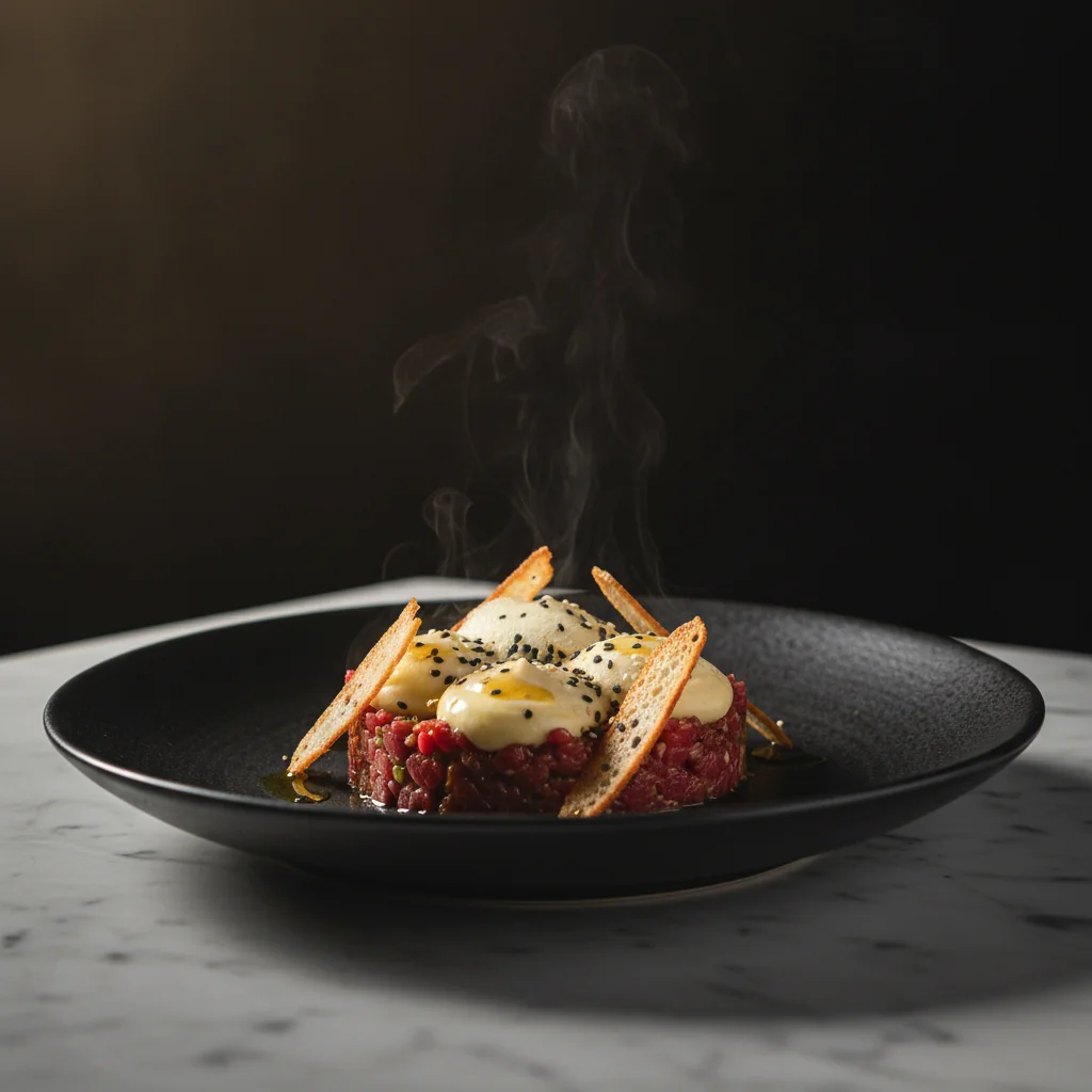 Tartar de carne de vită cu cremă de Parmezan și ulei de susan