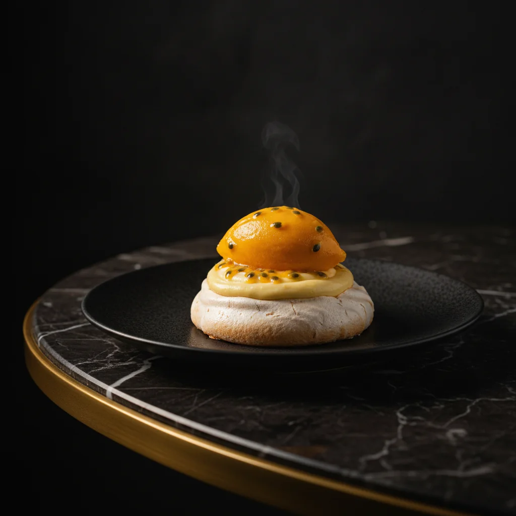 Pavlova cu cremă de lămâie și sorbet de fructul pasiunii
