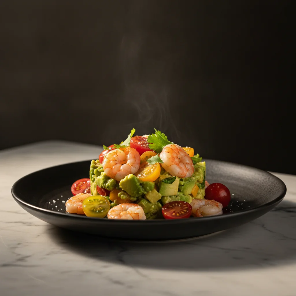 Salată de creveți cu guacamole de avocado și tomate suculente