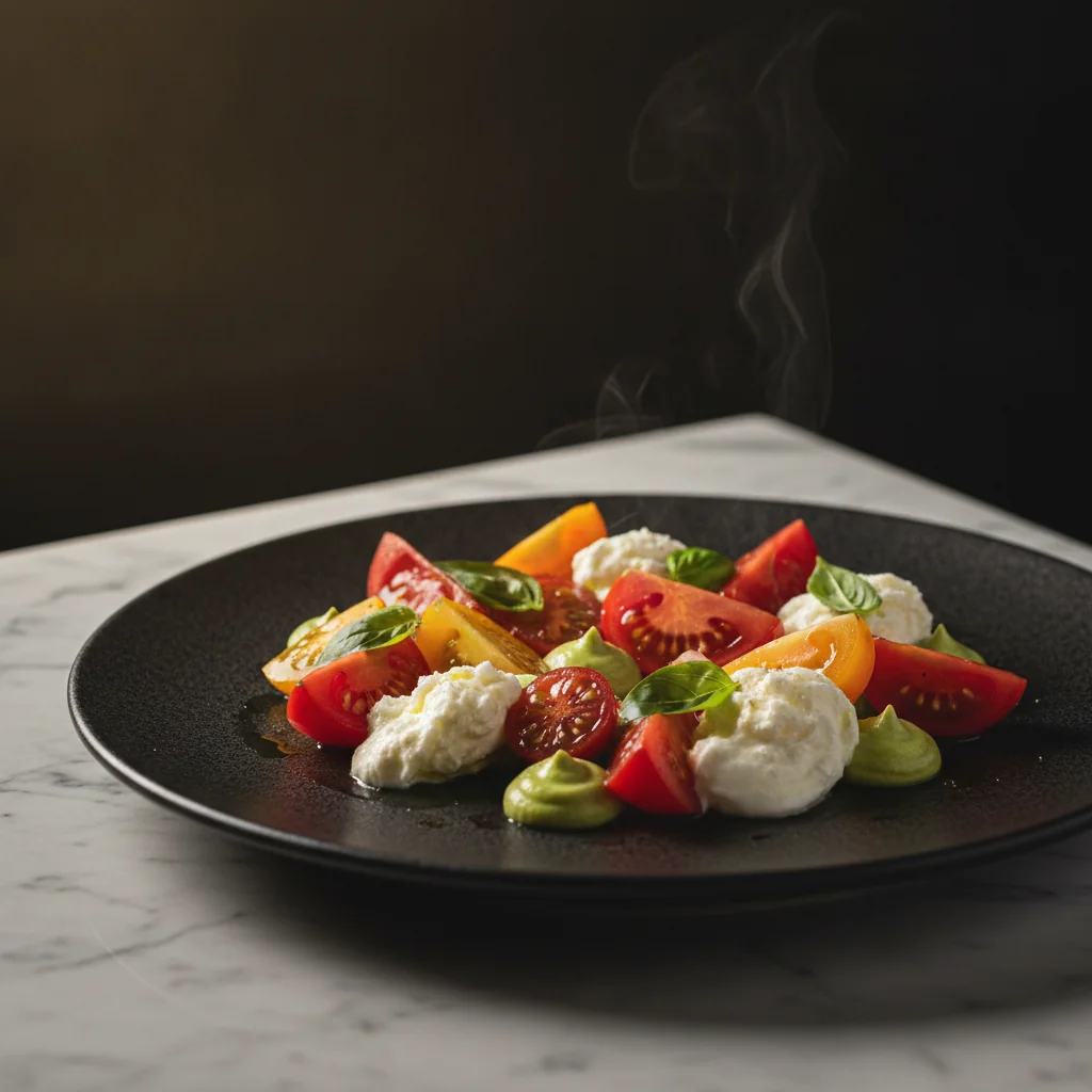 Salată de roșii coapte cu cremă de avocado și brânză stracciatella